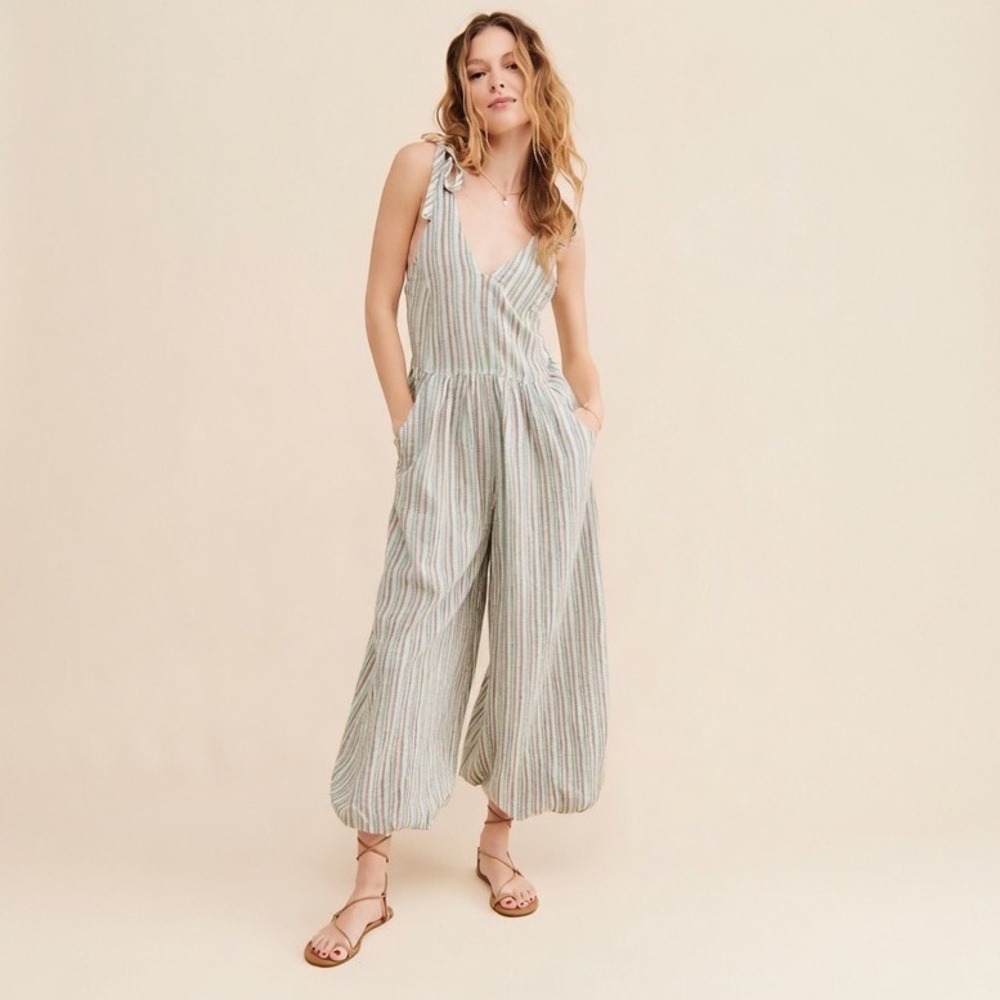 Free People These Days One-Piece Striped Wide Leg Jumpsuit Overalls Large Boho